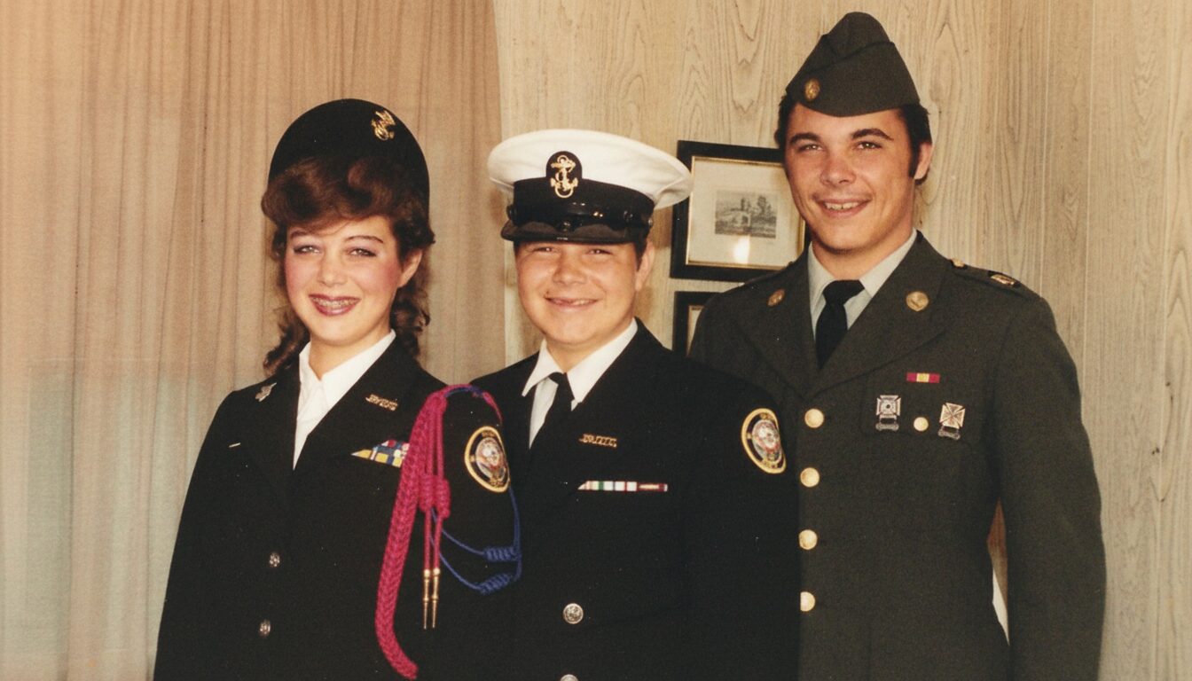 Brian with sister and brother in military dress uniforms