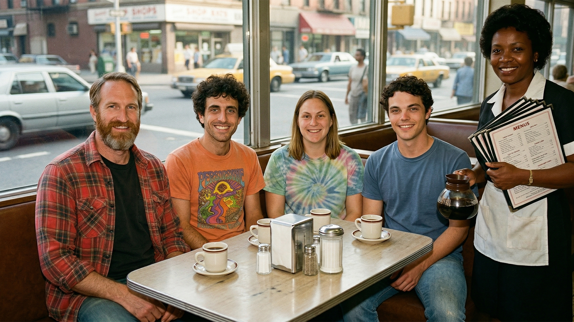 Alex, Dave, Diane, and Brian, Breakfast in Greenwich Village, NYC 1980