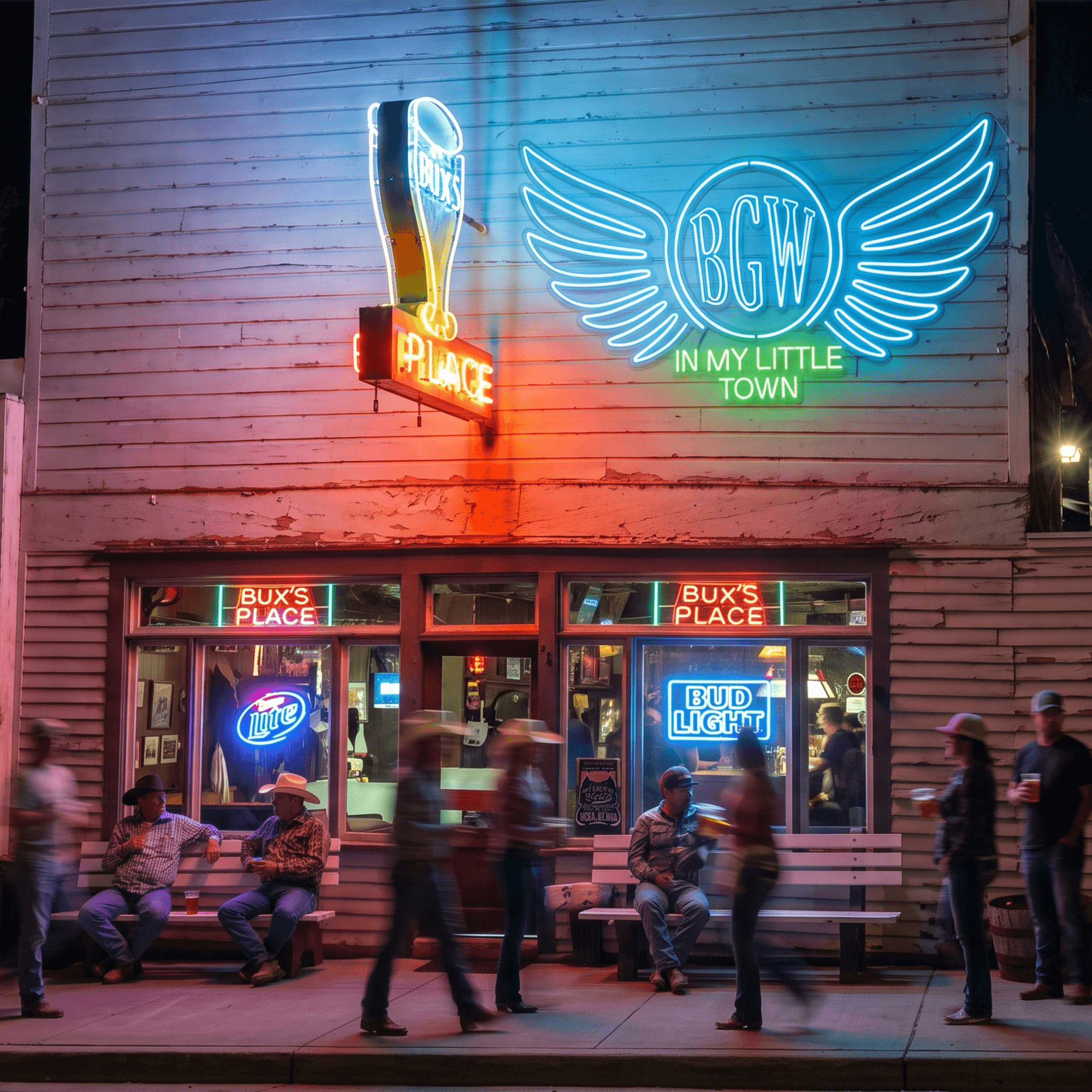 Neon signs illuminate Bux's Place bar at night as people sit on benches and walk along the sidewalk